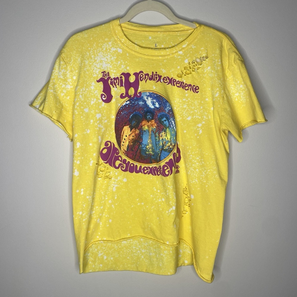 Womens Jimi Hendrix 'Are You Experienced' T Shirt, LG Yellow Tie Dye-Distressed